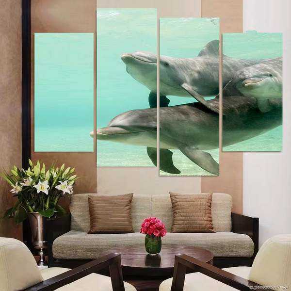 Dolphins Swim Underwater 4 Piece Canvas Wall Art Painting Wallpaper Poster Picture Print Photo Decor