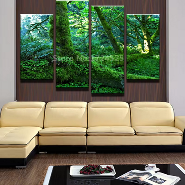 Lush Green Mossy Tree Forest 4 Piece Canvas Wall Art Painting Wallpaper Poster Picture Print Photo Decor