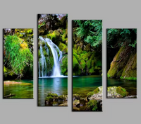 Natural Green Lake Waterfall Forest 4 Piece Canvas Wall Art Painting Wallpaper Poster Picture Print Photo Decor