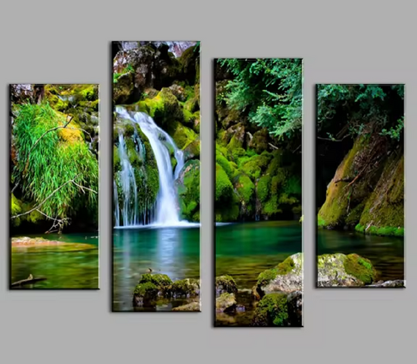 Natural Green Lake Waterfall Forest 4 Piece Canvas Wall Art Painting Wallpaper Poster Picture Print Photo Decor