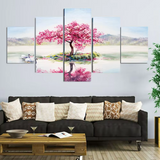 Pink Cherry Tree Blossom Lake Reflection Art  5 Piece Canvas Wall Art Painting Wallpaper Poster Picture Print Photo Decor