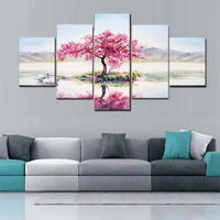 Pink Cherry Tree Blossom Lake Reflection Art  5 Piece Canvas Wall Art Painting Wallpaper Poster Picture Print Photo Decor