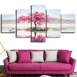 Pink Cherry Tree Blossom Lake Reflection Art  5 Piece Canvas Wall Art Painting Wallpaper Poster Picture Print Photo Decor