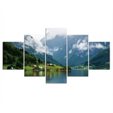 Mountain Lake Nature Village 5 Piece Canvas Wall Art Painting Wallpaper Poster Picture Print Photo Decor