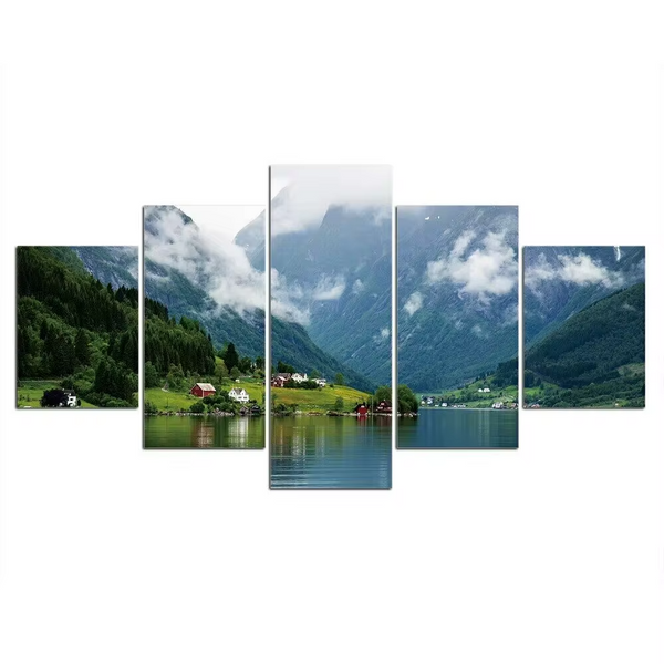 Mountain Lake Nature Village 5 Piece Canvas Wall Art Painting Wallpaper Poster Picture Print Photo Decor