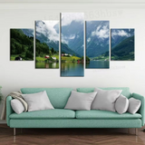 Mountain Lake Nature Village 5 Piece Canvas Wall Art Painting Wallpaper Poster Picture Print Photo Decor