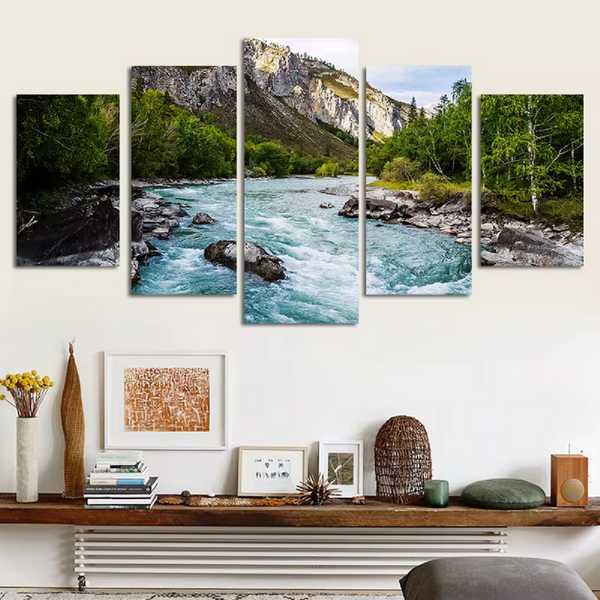 Mountain Valley Forest River Nature Tree 5 Piece Canvas Wall Art Painting Wallpaper Poster Picture Print Photo Decor