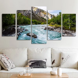 Mountain Valley Forest River Nature Tree 5 Piece Canvas Wall Art Painting Wallpaper Poster Picture Print Photo Decor