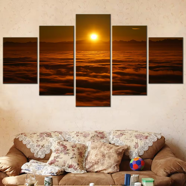 Sunset Above The Clouds Mountain Sunrise 5 Piece Canvas Wall Art Painting Wallpaper Poster Picture Print Photo Decor