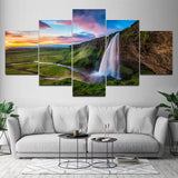 Nature Mountain Waterfall Landscape Iceland 5 Piece Canvas Wall Art Painting Wallpaper Poster Picture Print Photo Decor