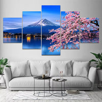 Cherry Blossoms Flower And Mount Fuji Landscape 5 Piece Canvas Wall Art Painting Wallpaper Poster Picture Print Photo Decor