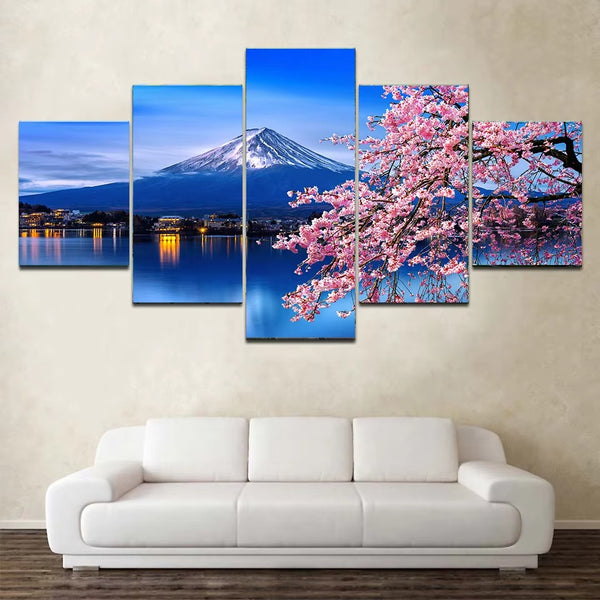 Cherry Blossoms Flower And Mount Fuji Landscape 5 Piece Canvas Wall Art Painting Wallpaper Poster Picture Print Photo Decor