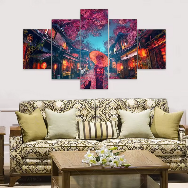 Japanese Anime Kimono Umbrella Girl & Cat Japan 5 Piece Canvas Wall Art Painting Wallpaper Poster Picture Print Photo Decor