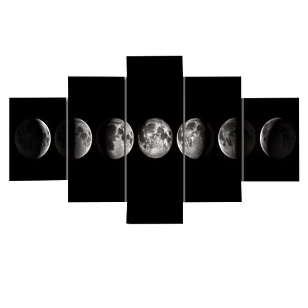 Lunar Cycle Moon Phases Black 5 Piece Canvas Wall Art Painting Wallpaper Poster Picture Print Photo Decor