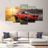 Red Mustang Fastback Supercar Sunset Sky Sunrise 5 Piece Canvas Wall Art Painting Wallpaper Poster Picture Print Photo Decor