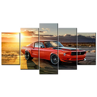 Red Mustang Fastback Supercar Sunset Sky Sunrise 5 Piece Canvas Wall Art Painting Wallpaper Poster Picture Print Photo Decor