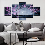 Purple Plum Cherry Blossom Flower Sunset Beach 5 Piece Canvas Wall Art Painting Wallpaper Poster Picture Print Photo Decor