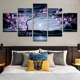 Purple Plum Cherry Blossom Flower Sunset Beach 5 Piece Canvas Wall Art Painting Wallpaper Poster Picture Print Photo Decor