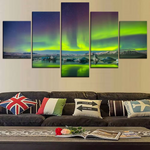 Green Northern Lights Sky Reflection Aurora Borealis Night Sky 5 Piece Canvas Wall Art Painting Wallpaper Poster Picture Print Photo Decor