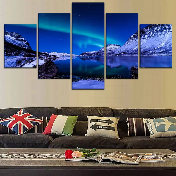 Northern Lights Auroa Borealis Snowy Mountain Lake Night Sky Reflection 5 Piece Canvas Wall Art Painting Wallpaper Poster Picture Print Photo Decor