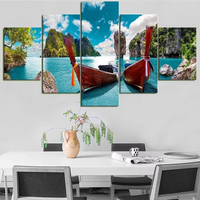 Boat Lake Landscape Sky Mountain Tree Nature 5 Piece Canvas Wall Art Painting Wallpaper Poster Picture Print Photo Decor