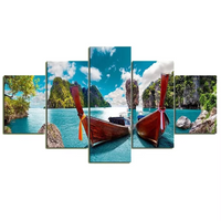 Boat Lake Landscape Sky Mountain Tree Nature 5 Piece Canvas Wall Art Painting Wallpaper Poster Picture Print Photo Decor