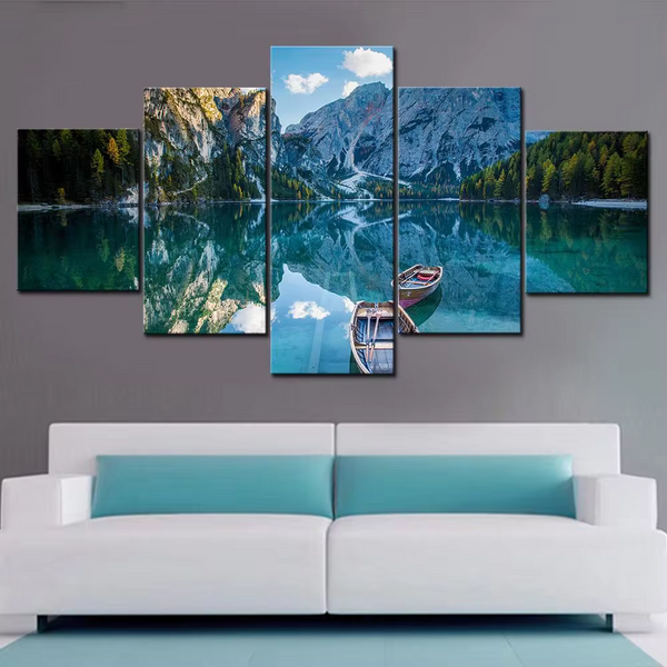 Clear Mountain Lake Outdoor Nature 5 Piece Canvas Wall Art Painting Wallpaper Poster Picture Print Photo Decor