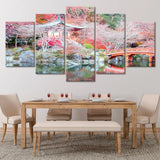 Japanese Pink Garden Trees Landscape 5 Piece Canvas Wall Art Painting Wallpaper Poster Picture Print Photo Decor