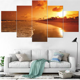 Red Sunset Beach Ocean Sunrise 5 Piece Canvas Wall Art Painting Wallpaper Poster Picture Print Photo Decor