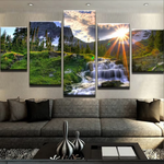 Beautiful Forest Waterfall Landscape Sunrise Sunset 5 Piece Canvas Wall Art Painting Wallpaper Poster Picture Print Photo Decor