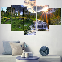 Beautiful Forest Waterfall Landscape Sunrise Sunset 5 Piece Canvas Wall Art Painting Wallpaper Poster Picture Print Photo Decor