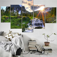 Beautiful Forest Waterfall Landscape Sunrise Sunset 5 Piece Canvas Wall Art Painting Wallpaper Poster Picture Print Photo Decor