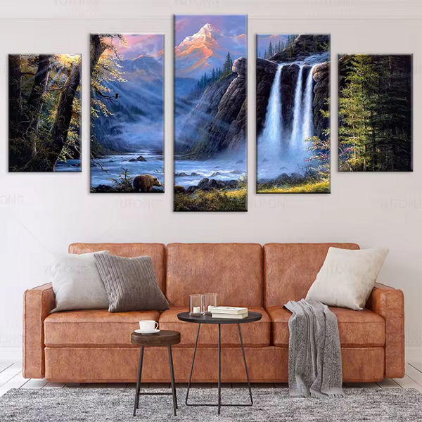 Beautiful Outdoor Nature Mountain River Waterfall Forest Trees 5 Piece Canvas Wall Art Painting Wallpaper Poster Picture Print Photo Decor