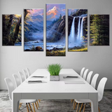 Beautiful Outdoor Nature Mountain River Waterfall Forest Trees 5 Piece Canvas Wall Art Painting Wallpaper Poster Picture Print Photo Decor