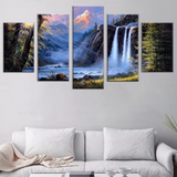 Beautiful Outdoor Nature Mountain River Waterfall Forest Trees 5 Piece Canvas Wall Art Painting Wallpaper Poster Picture Print Photo Decor