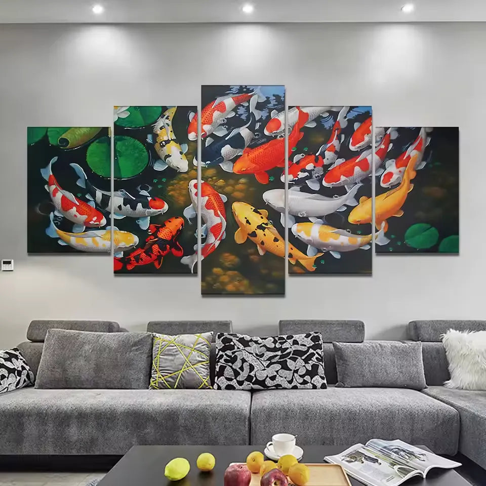 Vibrant Koi Fish Feng Shui Pond Goldfish 5 Piece Canvas Wall Art Paint ...