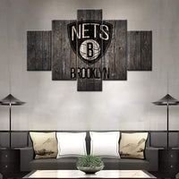 Brooklyn Nets Wooden Texture Logo NBA Basketball 5 Piece Canvas Wall Art Painting Wallpaper Poster Picture Print Photo Decor