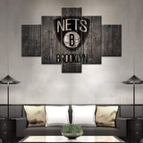 Brooklyn Nets Wooden Texture Logo NBA Basketball 5 Piece Canvas Wall Art Painting Wallpaper Poster Picture Print Photo Decor