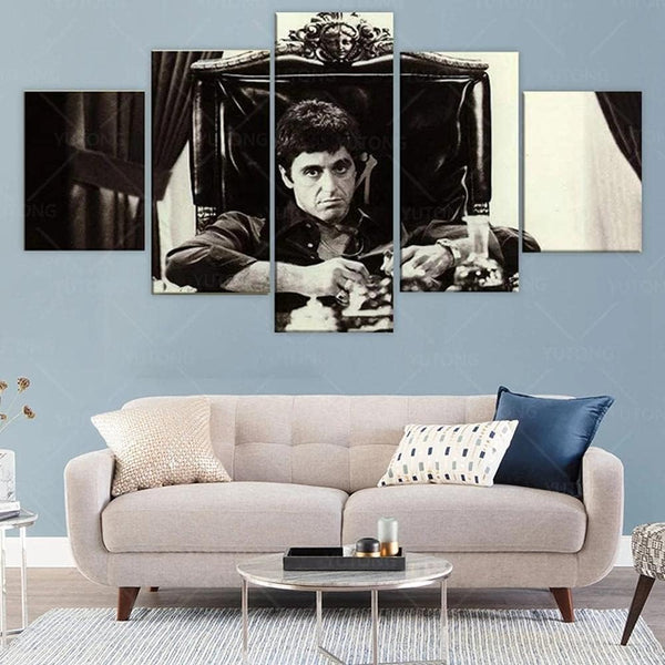 Black & White Tony Montana Gangster Scarface Movie 5 Piece Canvas Wall Art Painting Wallpaper Poster Picture Print Photo Decor