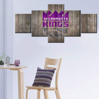 NBA Basketball Team Sacramento Kings Logo Rustic Wood 5 Piece Canvas Wall Art Painting Wallpaper Poster Picture Print Photo Decor