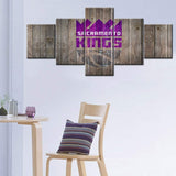 NBA Basketball Team Sacramento Kings Logo Rustic Wood 5 Piece Canvas Wall Art Painting Wallpaper Poster Picture Print Photo Decor