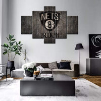 Brooklyn Nets Wooden Texture Logo NBA Basketball 5 Piece Canvas Wall Art Painting Wallpaper Poster Picture Print Photo Decor