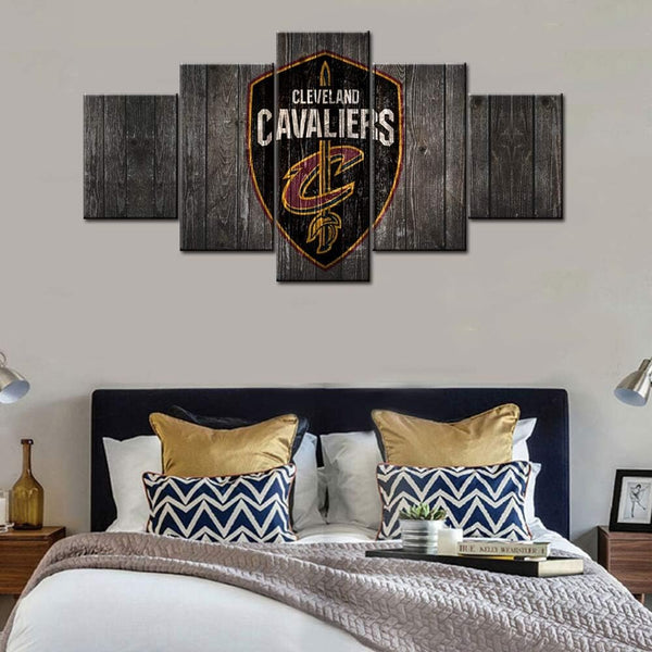 Cleveland Cavaliers Wooden Texture Logo NBA Basketball 5 Piece Canvas Wall Art Painting Wallpaper Poster Picture Print Photo Decor