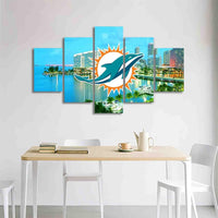 Miami Dolphins Logo & Skyline NFL Football Team 5 Piece Canvas Wall Art Painting Wallpaper Poster Picture Print Photo Decor