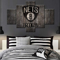 Brooklyn Nets Wooden Texture Logo NBA Basketball 5 Piece Canvas Wall Art Painting Wallpaper Poster Picture Print Photo Decor