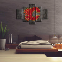 Calgary Flames NHL Hockey Sports Rustic Wood 5 Piece Canvas Wall Art Painting Wallpaper Poster Picture Print Photo Decor