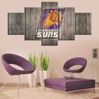 NBA Basketball Team Phoenix Suns Logo Rustic Wood 5 Piece Canvas Wall Art Painting Wallpaper Poster Picture Print Photo Decor