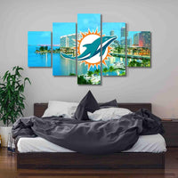 Miami Dolphins Logo & Skyline NFL Football Team 5 Piece Canvas Wall Art Painting Wallpaper Poster Picture Print Photo Decor