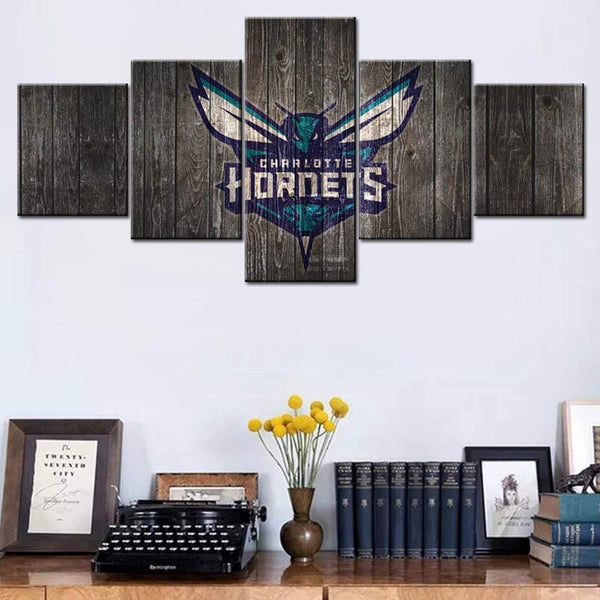 Charlotte Hornets Wooden Texture Logo NBA Basketball 5 Piece Canvas Wall Art Painting Wallpaper Poster Picture Print Photo Decor