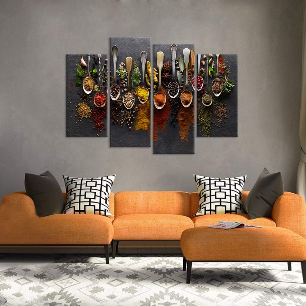 Kitchen Colorful Spices & Herbs In Spoons 4 Piece Canvas Wall Art Pain ...